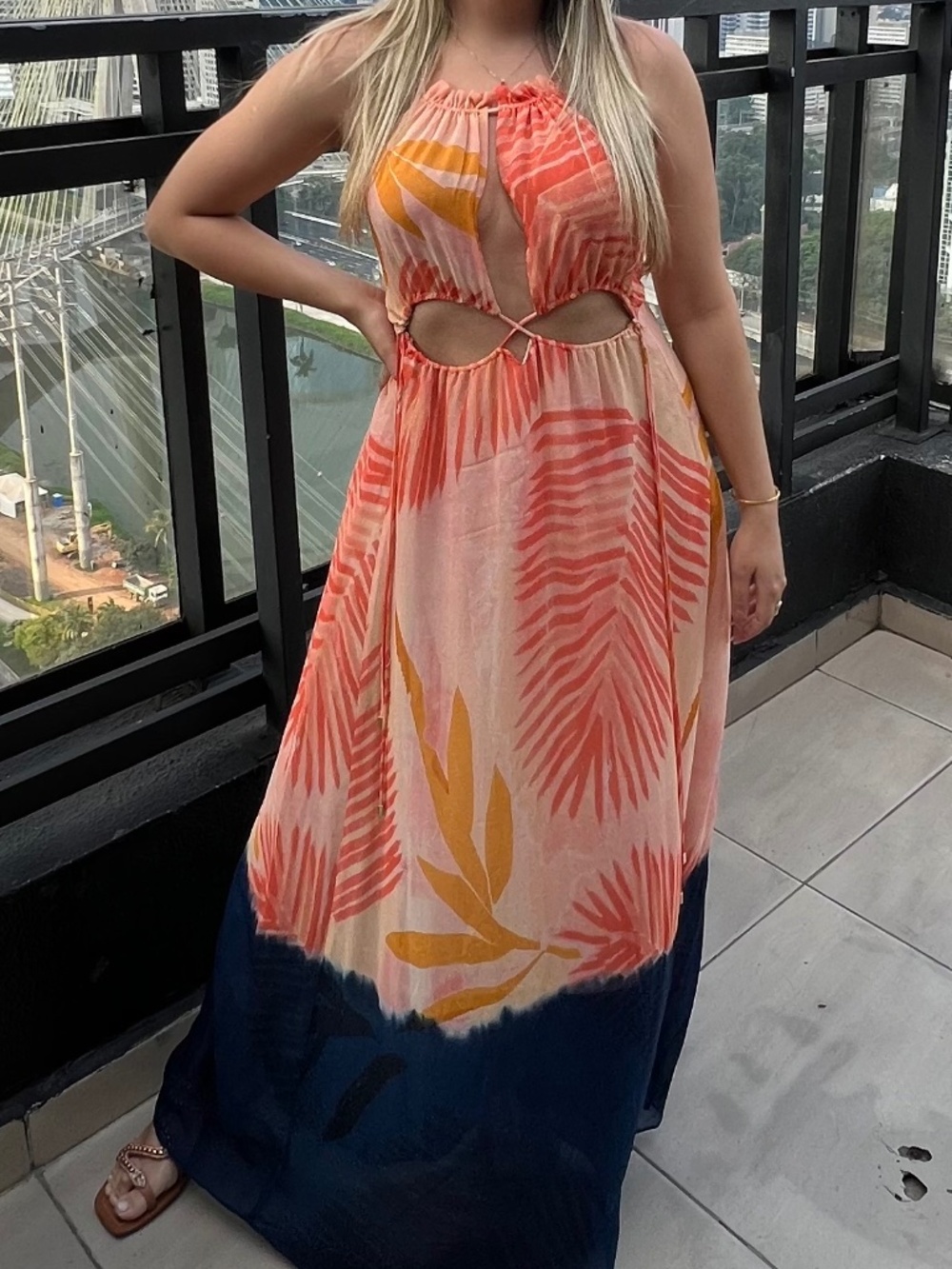 Floral Tie-Dye Maxi Dress – Open Back & Waist Cutout